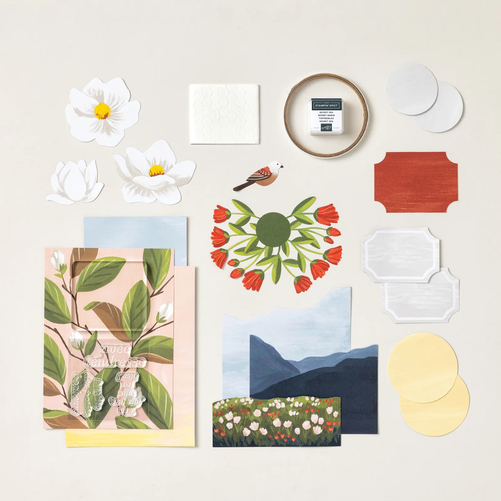 Carte double pop-up Stampin Up avec collection Au calme sur la rive, poissons et décor nature