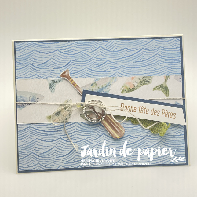 Carte double pop-up Stampin Up avec collection Au calme sur la rive, poissons et décor nature