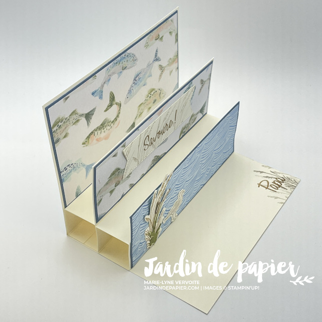 Carte double pop-up Stampin Up avec collection Au calme sur la rive, poissons et décor nature