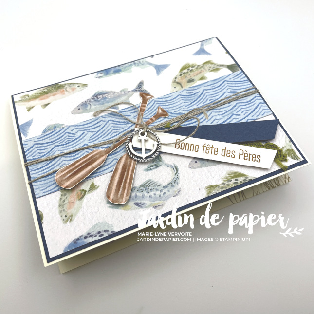 Carte double pop-up Stampin Up avec collection Au calme sur la rive, poissons et décor nature