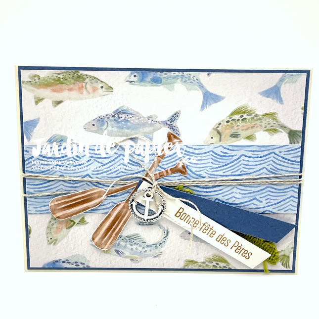 Carte double pop-up Stampin Up avec collection Au calme sur la rive, poissons et décor nature