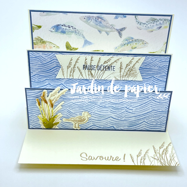 Carte double pop-up Stampin Up avec collection Au calme sur la rive, poissons et décor nature