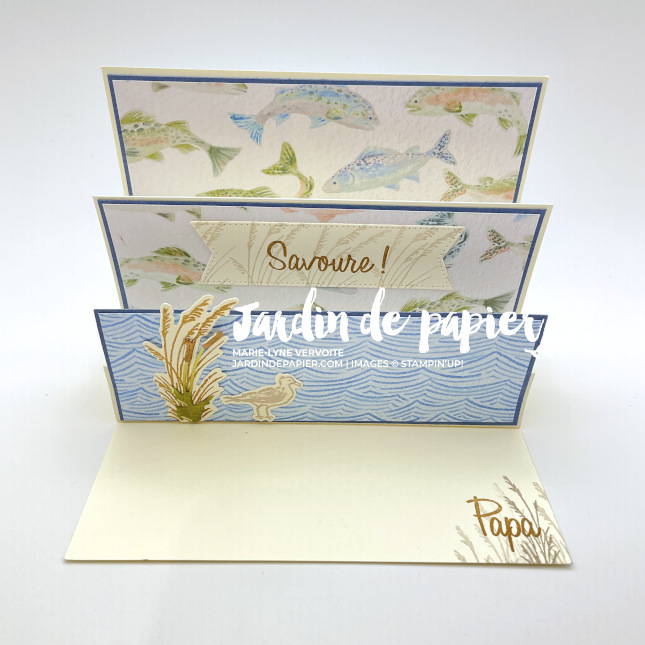 Carte double pop-up Stampin Up avec collection Au calme sur la rive, poissons et décor nature